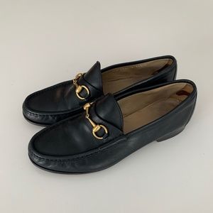 Gucci Black Leather Loafers with Gold Hardware